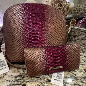Brahmin Pink and Brown Textured Backpack and Wallet